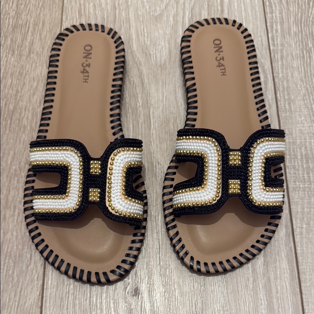 Women's Black and White Beaded Sandals
